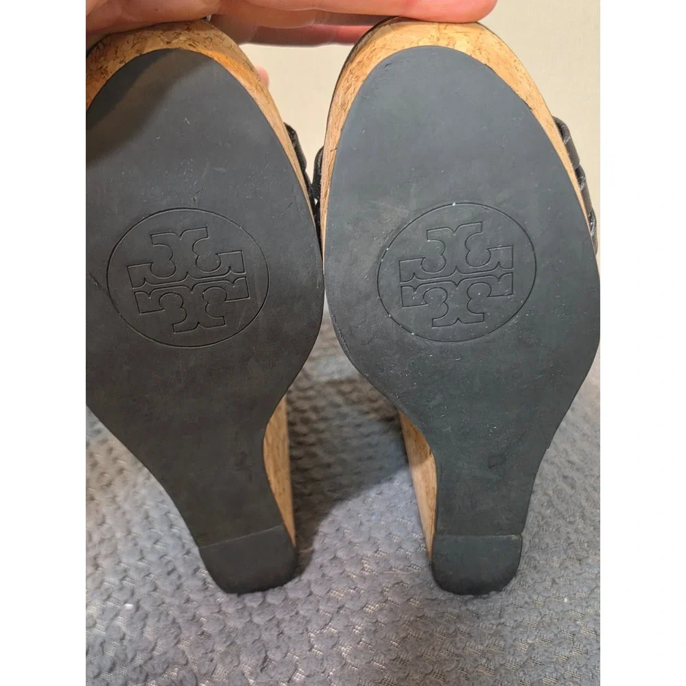 Tory Burch Black Leather Strappy Cork Platform Wedge Sandals Gold Logo 8M